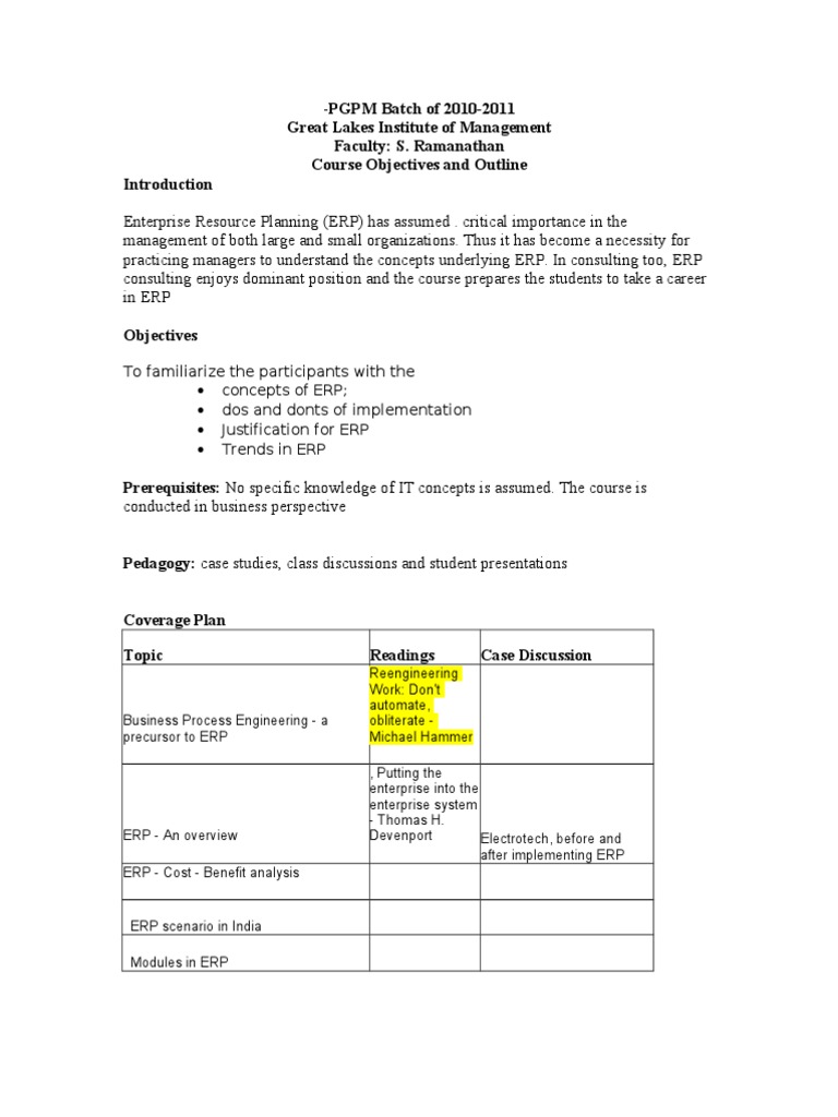 ERP Course Overview for Managers | PDF