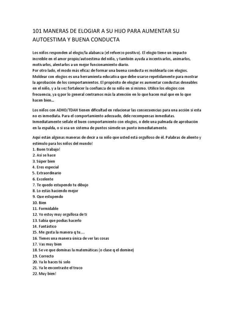 Elogios para Niños: 101 Ideas | PDF | Autoestima | Desorden hiperactivo ...