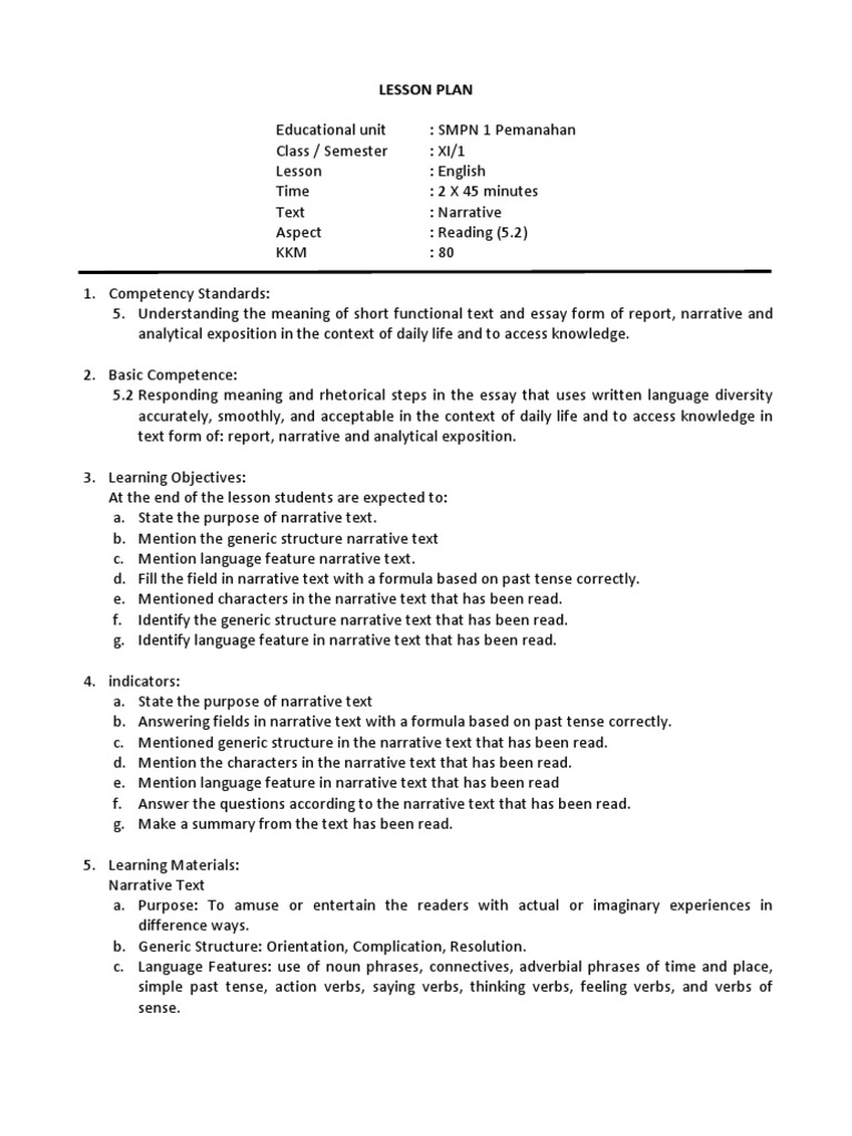 Lesson Plan for Narrative Text XI | PDF | Narrative | Verb