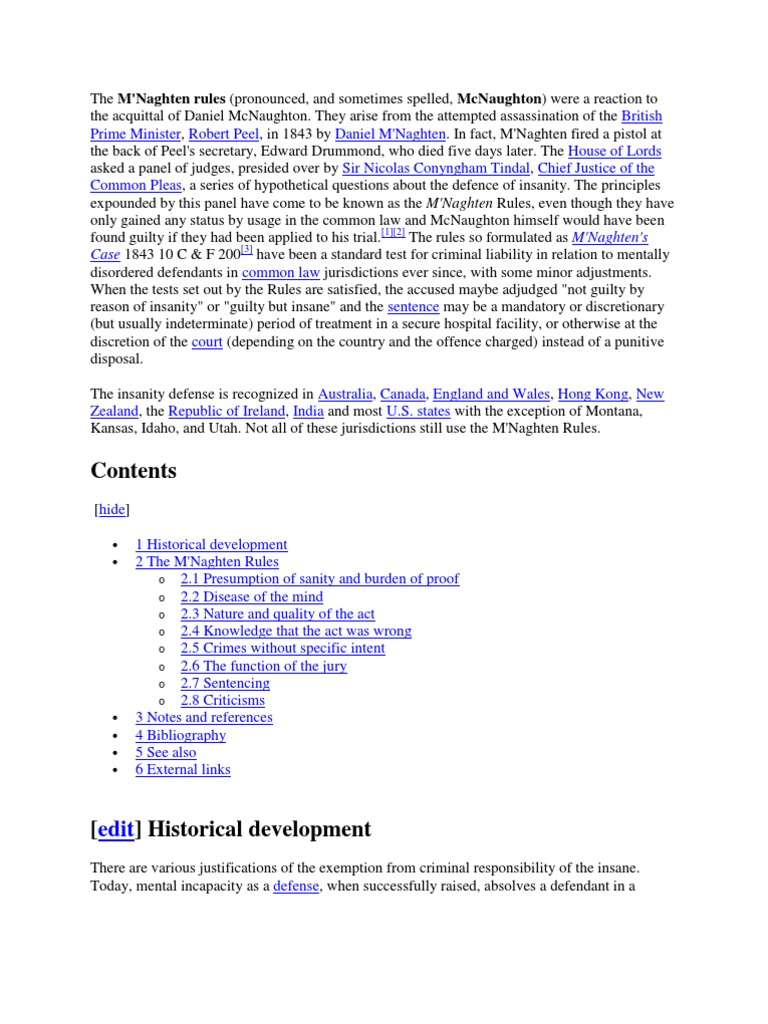 m'Naughten's Rule Insanity Defense Common Law