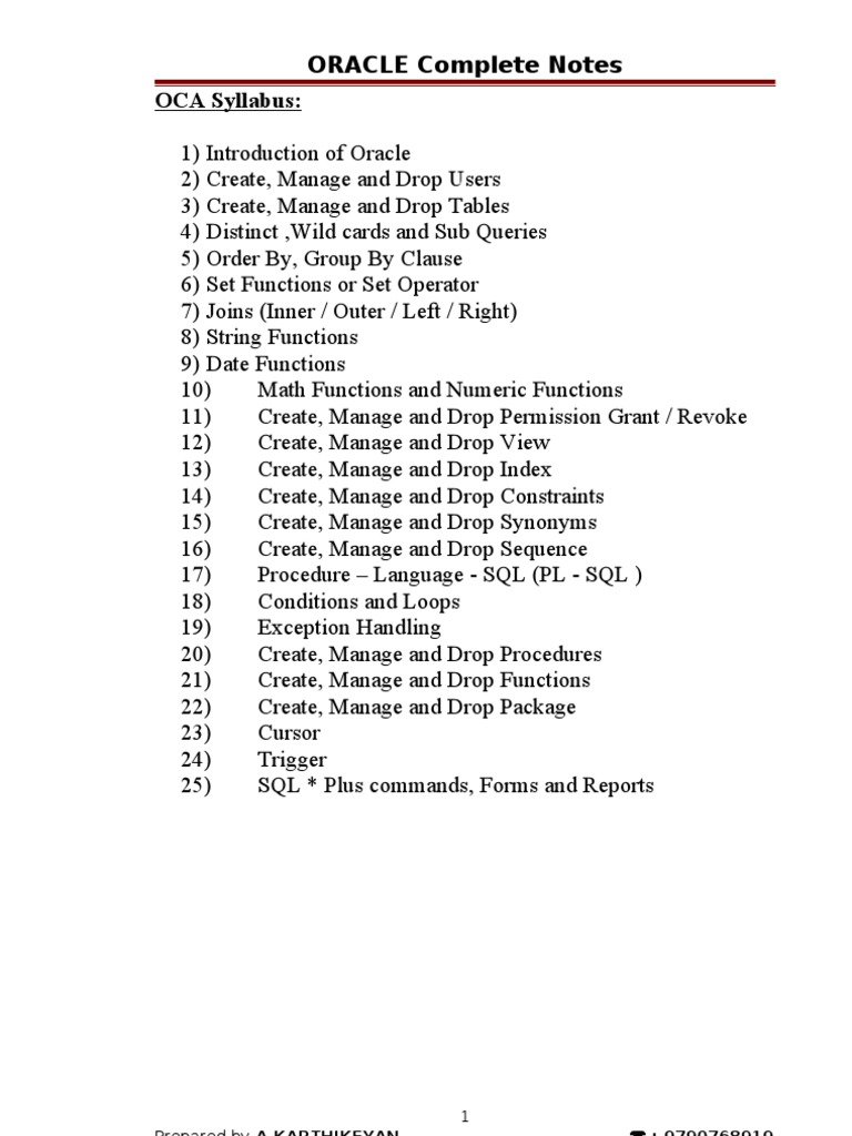 Oracle Complete Notes | PDF | Pl/Sql | Sql
