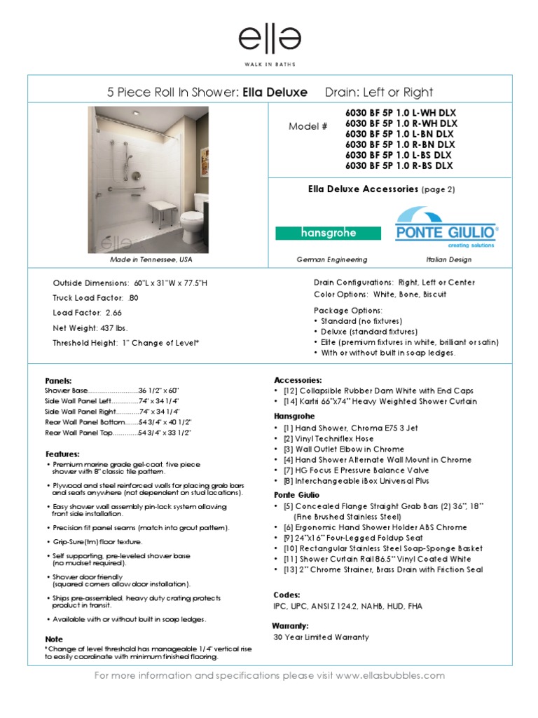 Deluxe 60X30 Roll in Shower Left or Right Drain Specification Sheet