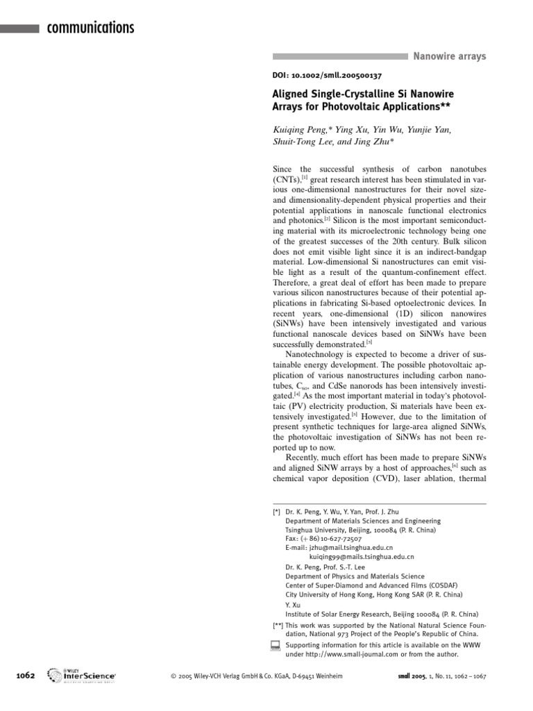 Aligned Si Nanowire Arrays for PV Use | PDF | Solar Cell | Wafer ...