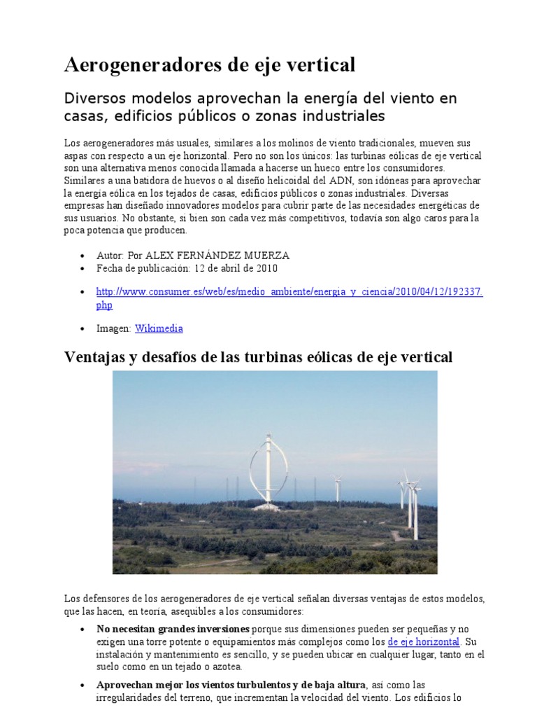Aerogeneradores de Eje Vertical: Tipos y Ventajas | PDF | Turbina ...