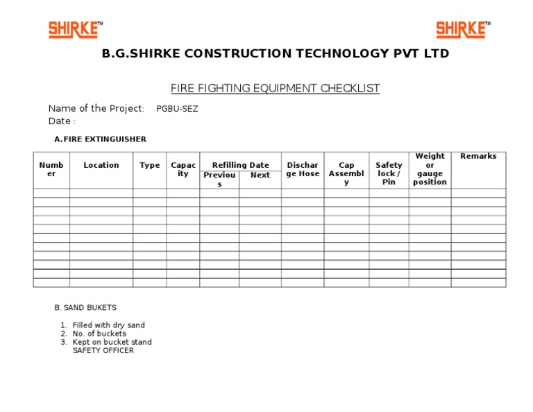 Fire Fighting Equipment Inspection Format