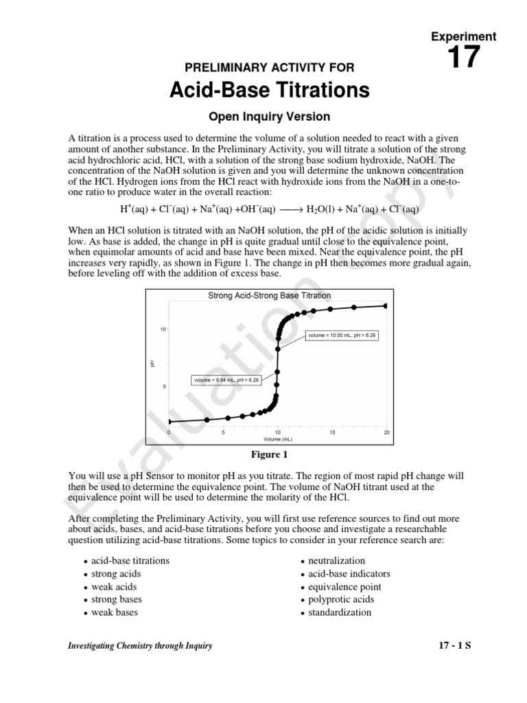 Acid-Base Titrations: Experiment Preliminary Activity For