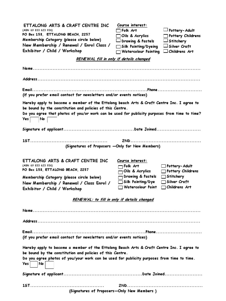 Ettalong Arts & Craft Centre Membership Form | PDF