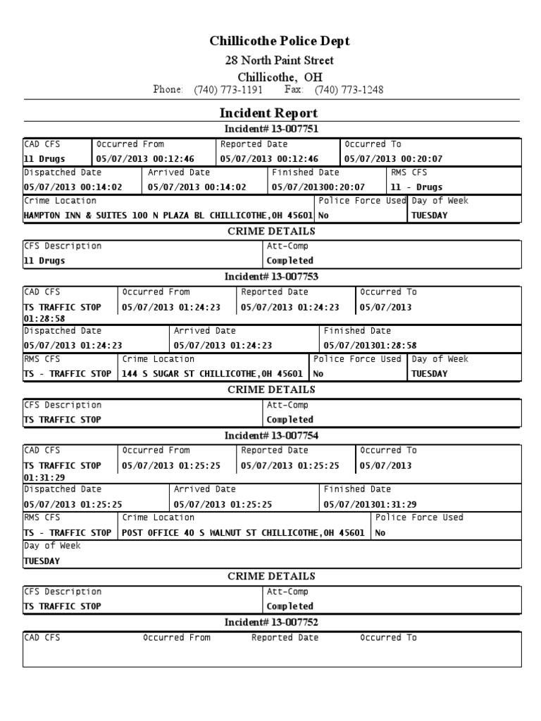 Chillicothe Police Reports May 8th 2013 | PDF | Traffic Stop | Police