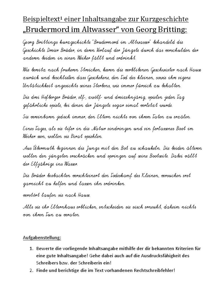 Beispieltext einer Inhaltsangabe zur Kurzgeschichte 