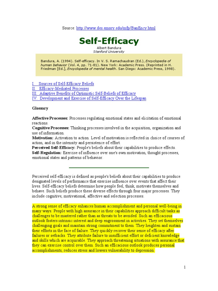 Bandura's Self-Efficacy Theory Explained | PDF | Self Efficacy | Motivation