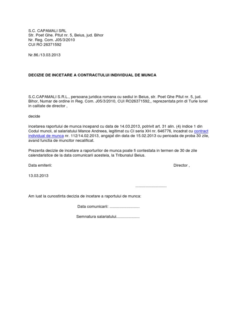 Decizie Incetare Cim Perioada Proba