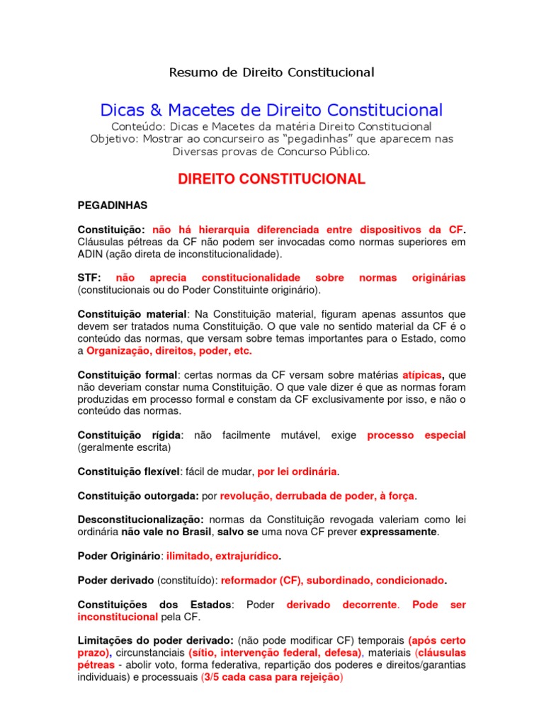 Resumo de Direito Constitucional | Constituição | Lei Estatutária