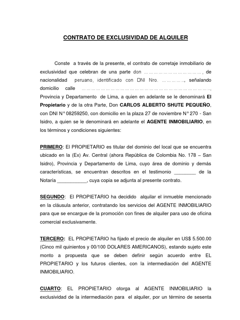Contrato de Exclusividad de Alquiler