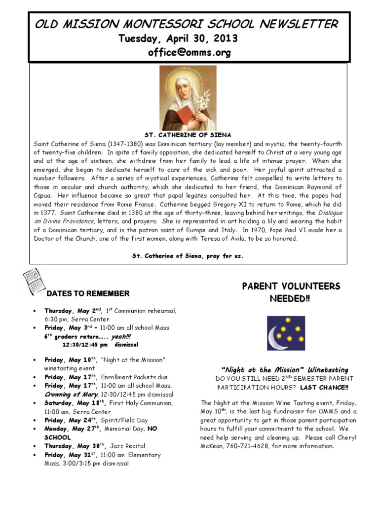 OMMS Newsletter For 4/30/2013 | PDF | Dominican Order | Catholic Church