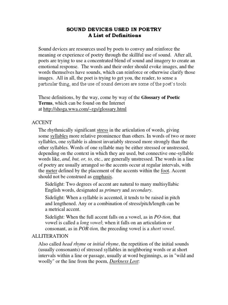 Sound Devices Used in Poetry PDF Metre (Poetry) Poetry