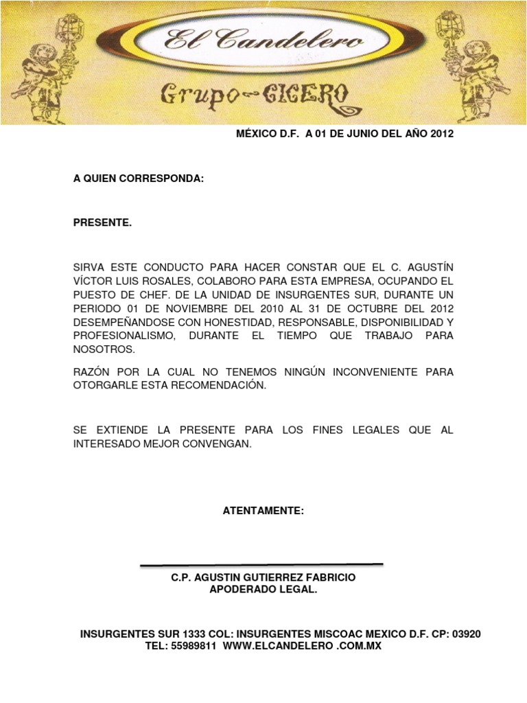 Carta de Recomendacion Chef
