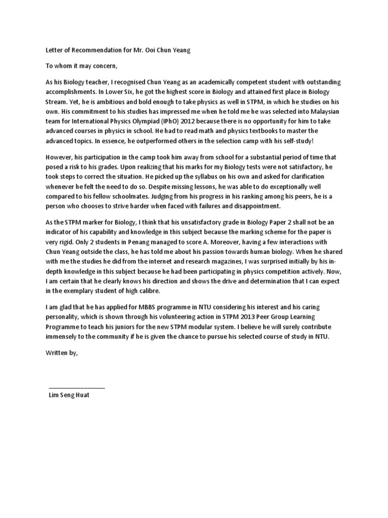 Letter of Recommendation (Bio) | PDF | Pedagogy | Teaching