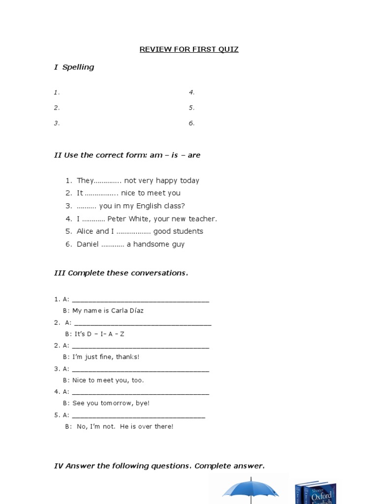 First Quiz Review: Spelling & Conversations | PDF