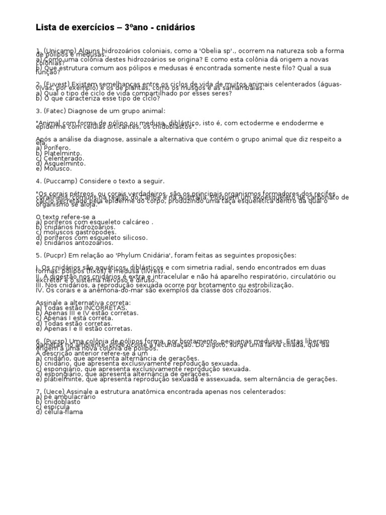 Exercicios 3ano Cnidarios | PDF | Coral | Recife de corais