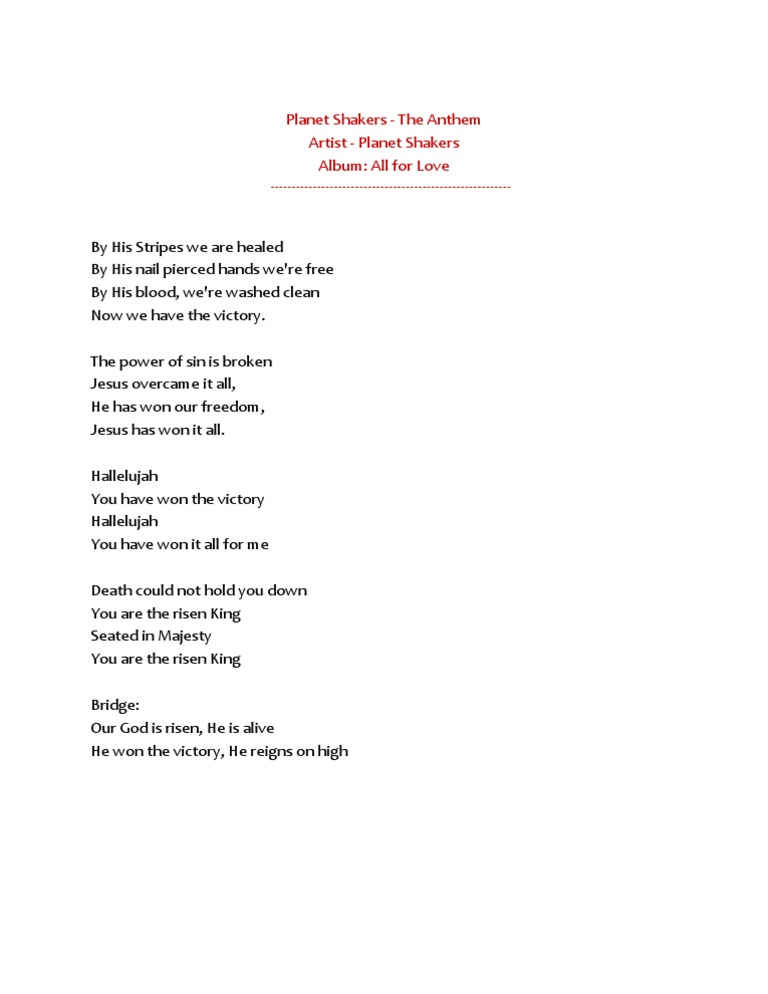 Hallelujah You Have Won The Victory Lyrics Planet Shakers Systematic Theology Christian Belief And Doctrine