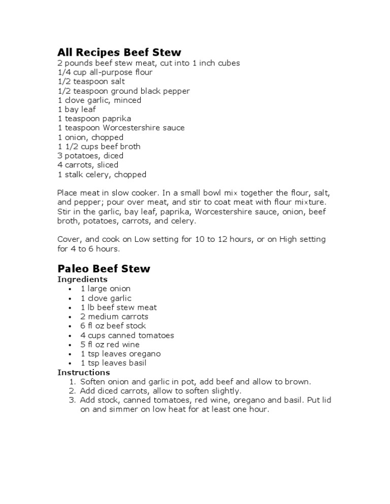 All Recipes Beef Stew: Ingredients | PDF
