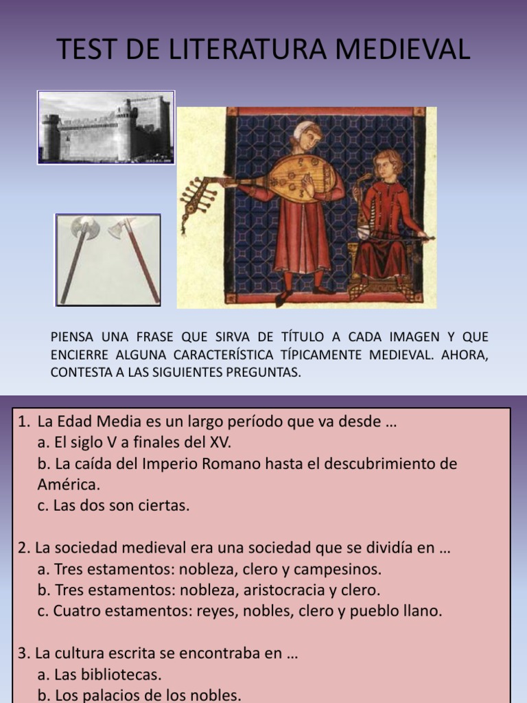 tímido Cariñoso Definitivo Test de Literatura Medieval | PDF | Baja Edad Media | Literatura medieval