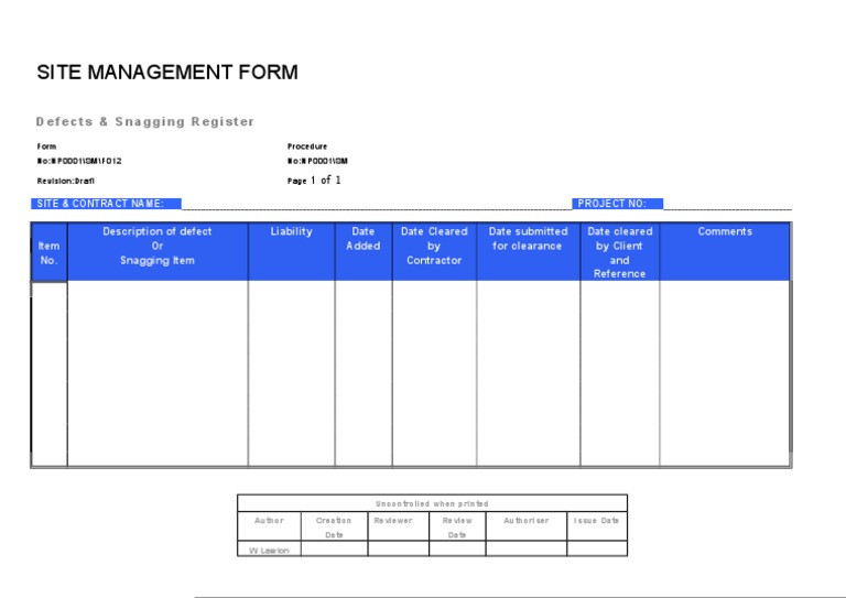 Site Management Defects Register Form | PDF | Technology & Engineering