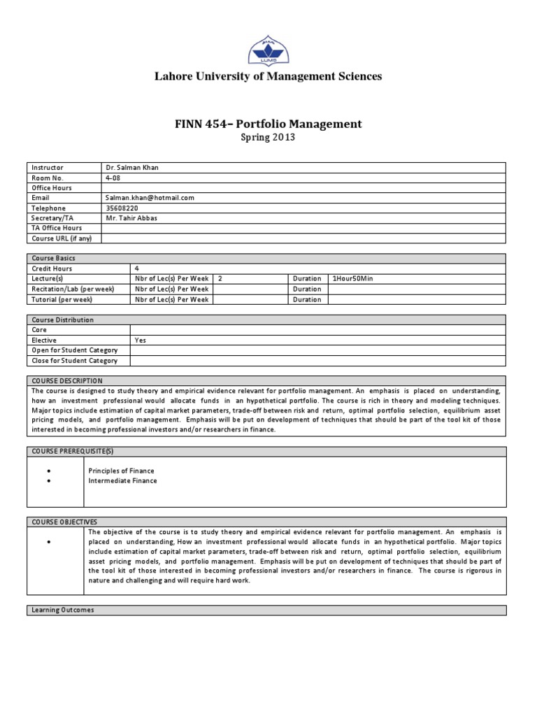 FINN 454Portfolio ManagementSalman Khan PDF Capital Asset Pricing