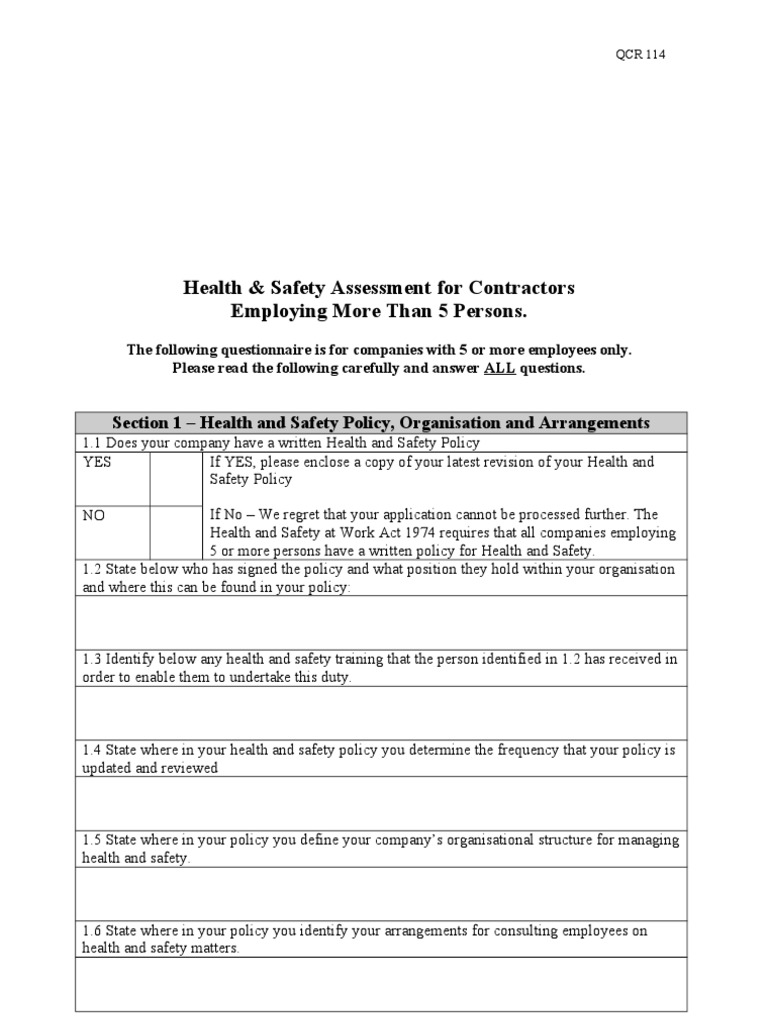 Health and Safety Contractors Questionnaire More Than 5 Employees