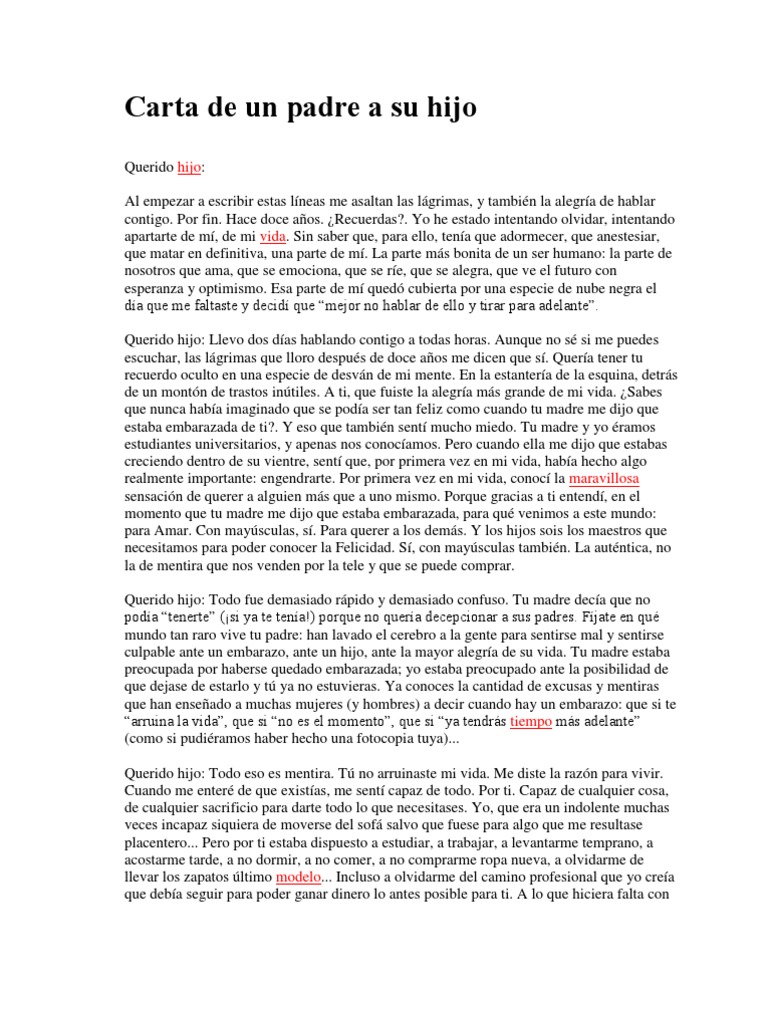 Carta de Un Padre a Su Hijo Sufrimiento Felicidad