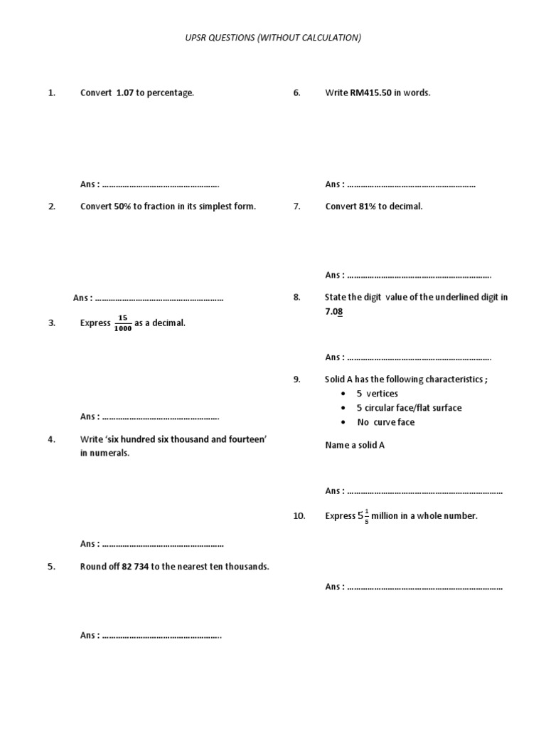 UPSR Math Questions Without Calculation | PDF | Language Arts & Discipline