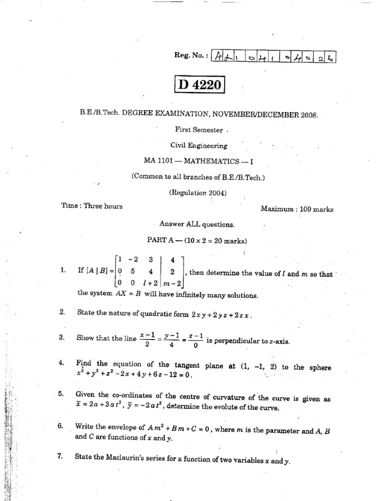 MA1101 Mathematics 1 Nov/Dec 2008 | PDF | Foreign Language Studies