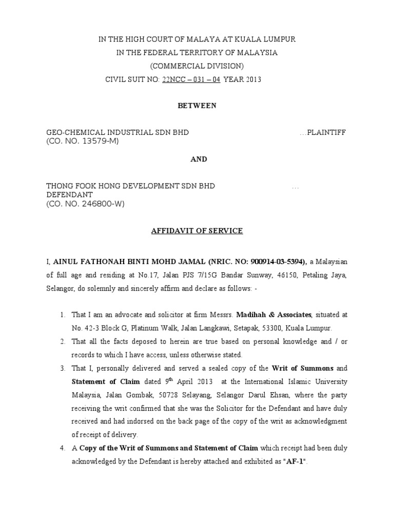 Affidavit Of Service Pdf Affidavit Social Institutions