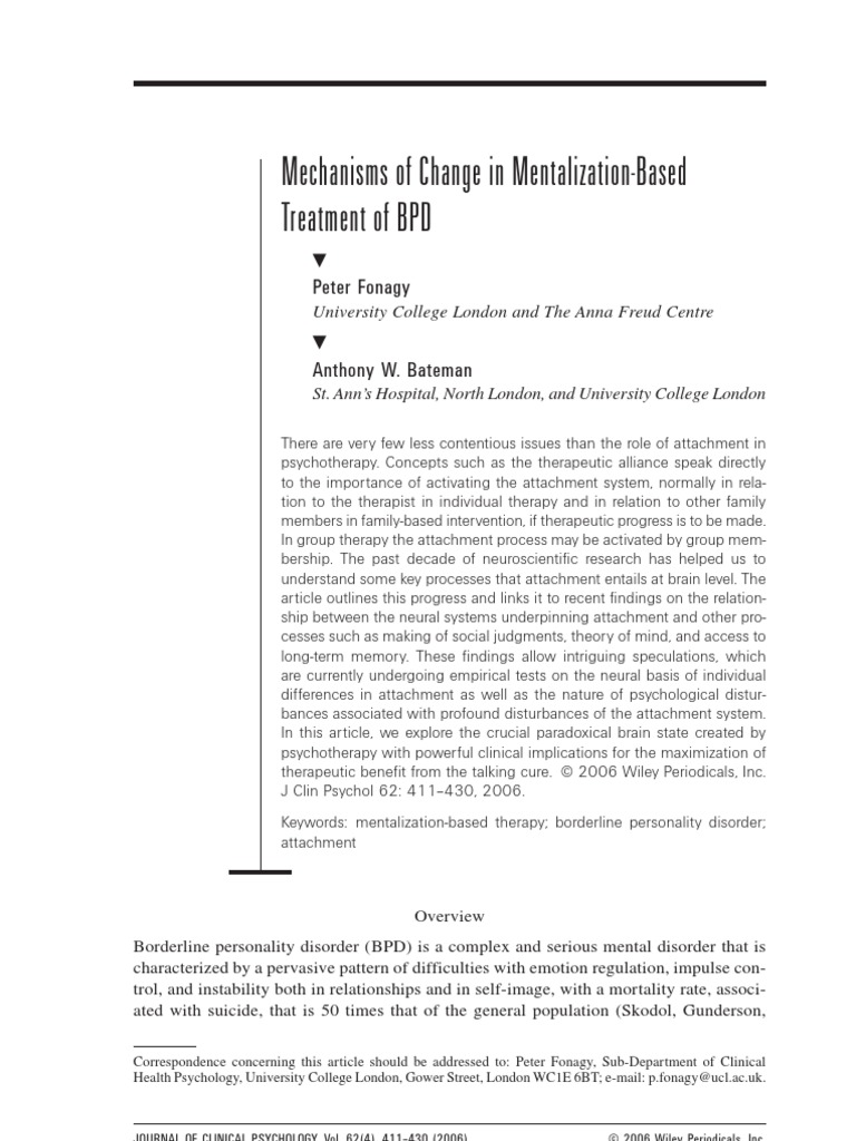 (FONAGY) Mechanisms of Change in Mentalization Based Treatment | PDF ...