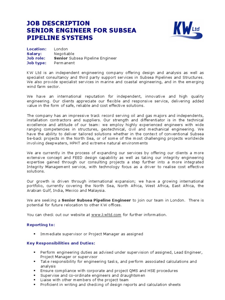 Subsea Pipeline Job Description PDF Competence (Human Resources