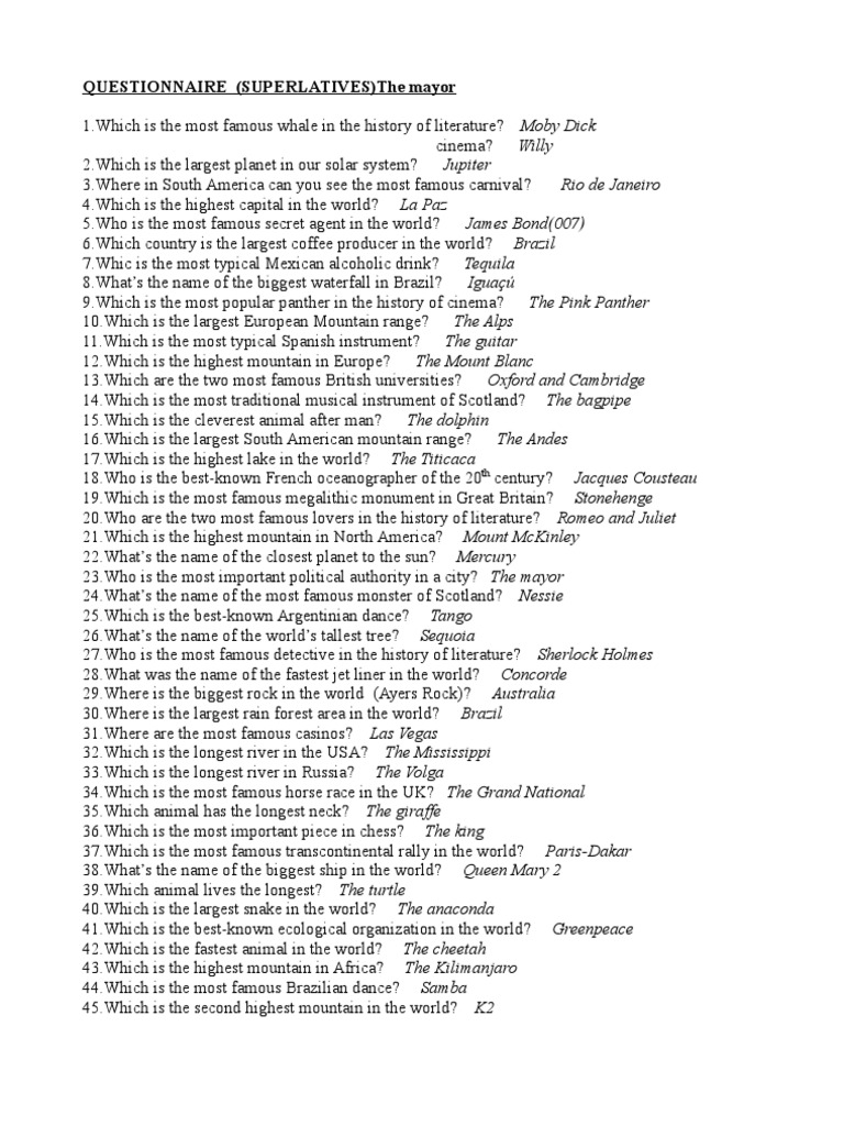 Famous Superlatives Questionnaire | PDF | Nature