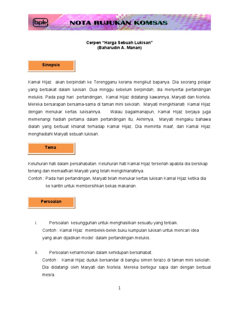 Cerpen Harga Sebuah Lukisan Ppk