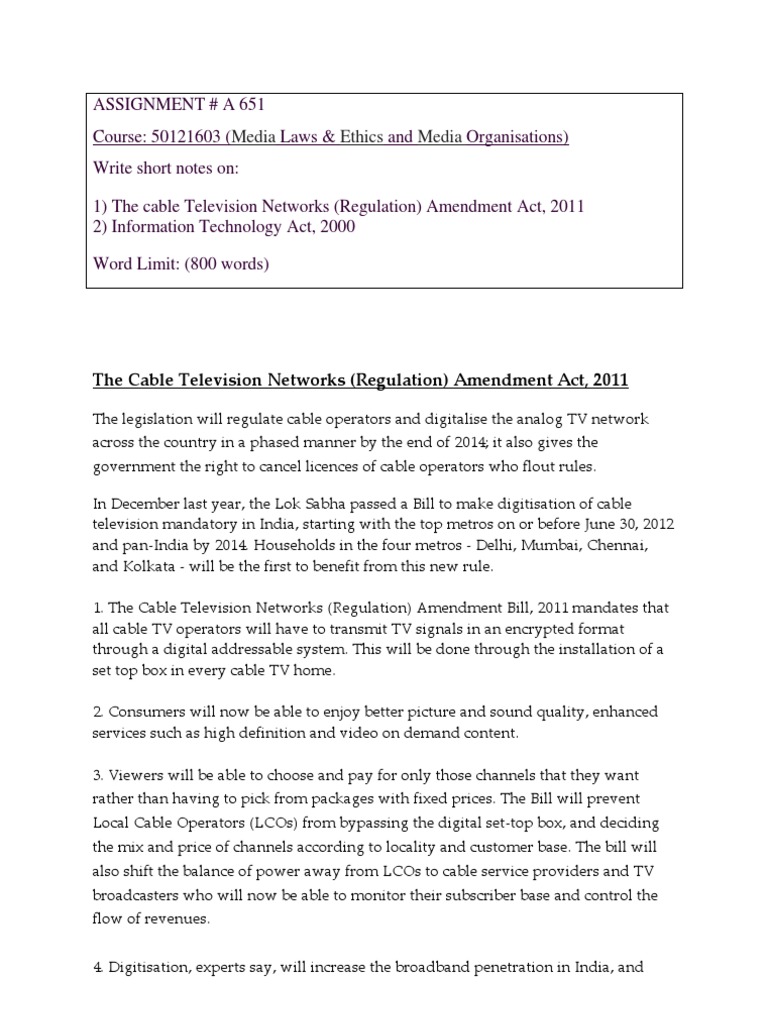 Media Ethics Media The Cable Television Networks (Regulation