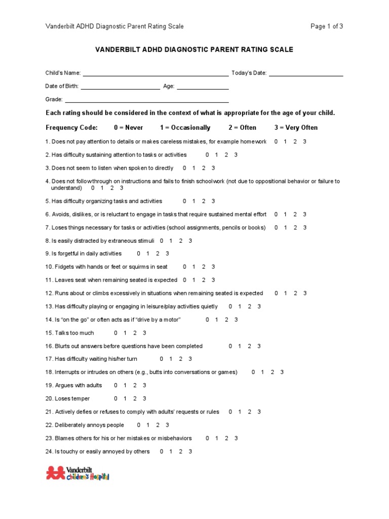Vanderbilt ADHD Diagnostic Parent Scoring & Instructions Attention