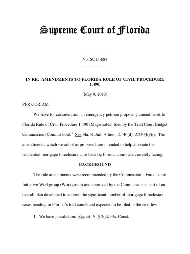 Supreme court of florida in re amendments to florida rule of civil
