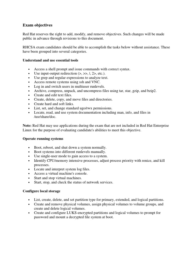 RHCSA EX200 Exam Objectives Overview | PDF | File System | Test ...
