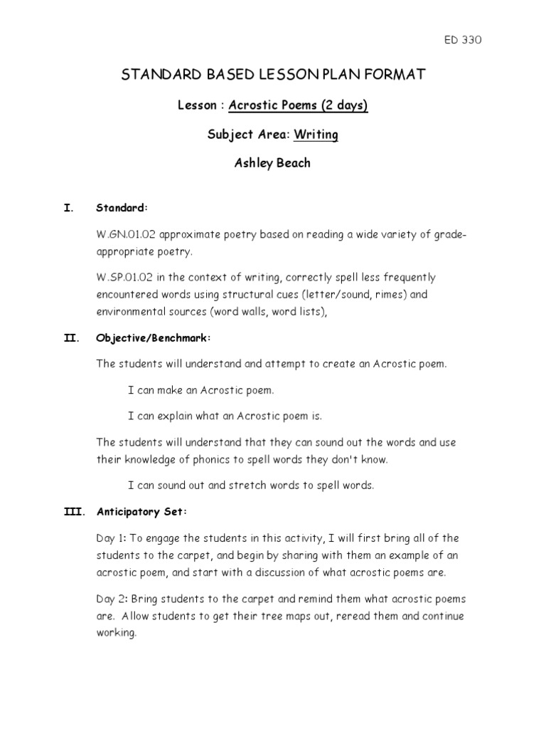 Standard Based Lesson Plan Format Lesson Acrostic Poems 2 Days Subject Area Writing Ashley Beach Reading Comprehension Teaching