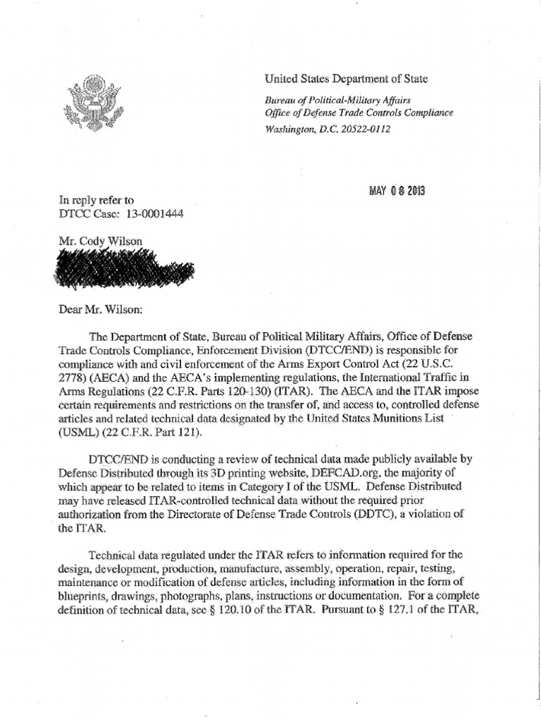 State Dept Defense Distributed Letter (Redacted) | PDF