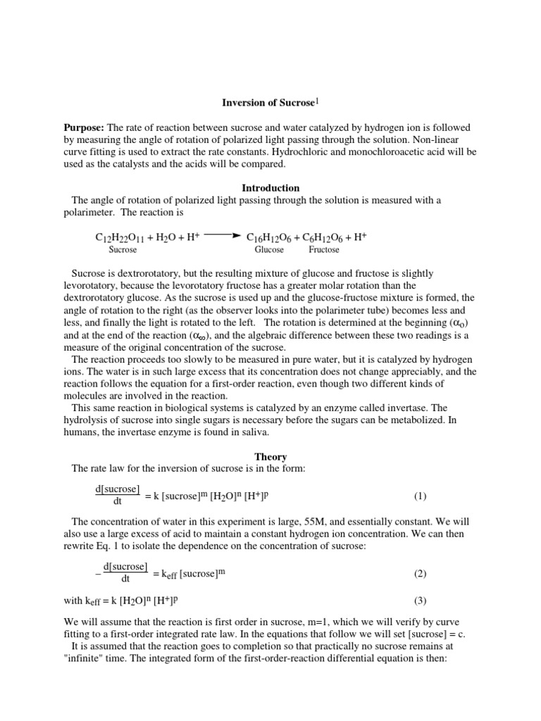 Kinetics of Sucrose Inversion Reaction | PDF | Polarization (Waves ...