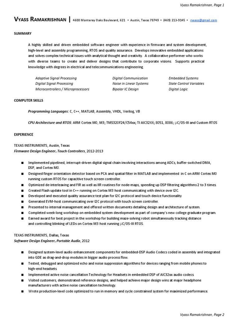 Vyass Ramakrishnan Resume Embedded System Digital