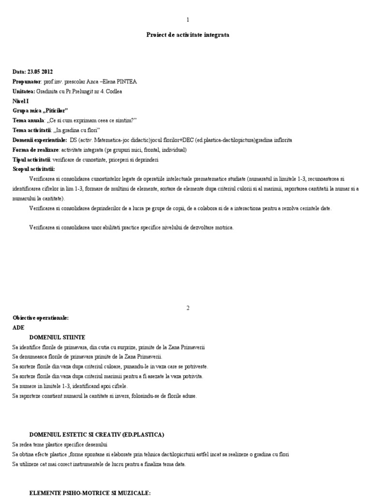 Proiect De Activitate Integrate Mate Flori
