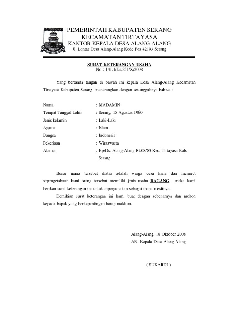 Contoh Surat Keterangan Usaha Dari Desa Pdf Nusagates