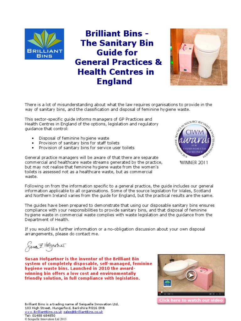 Brilliant Bins Sanitary Bins Guide For England For GPs and Health