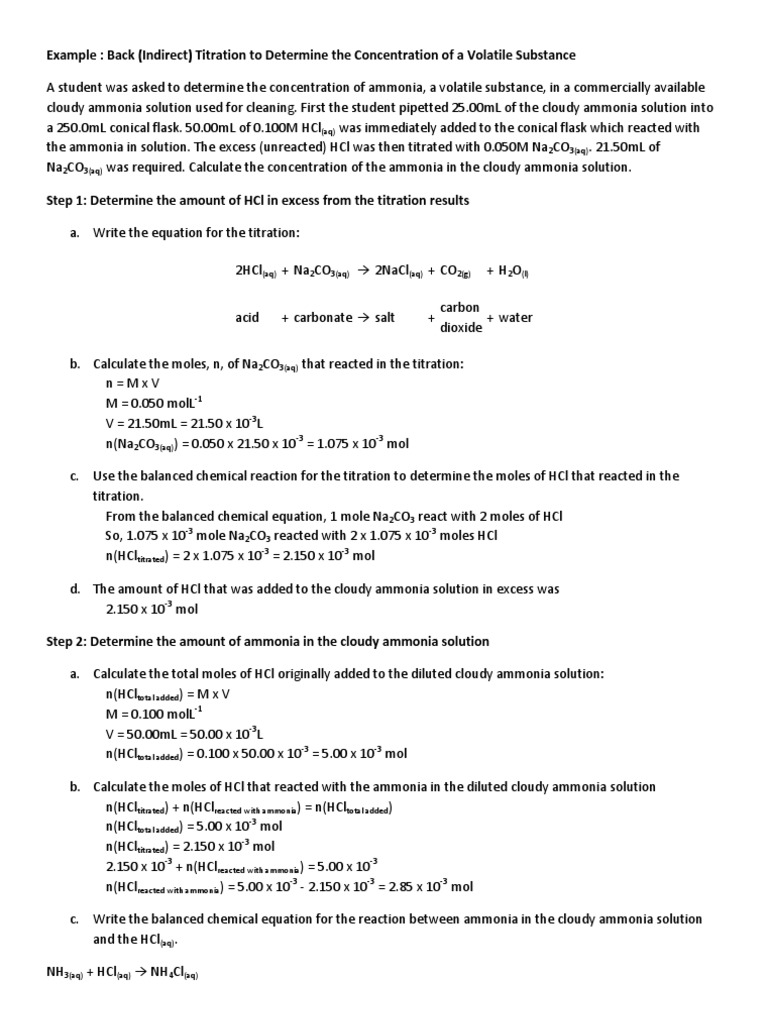Back Titration QUestios1 PDF Ammonia Mole (Unit)
