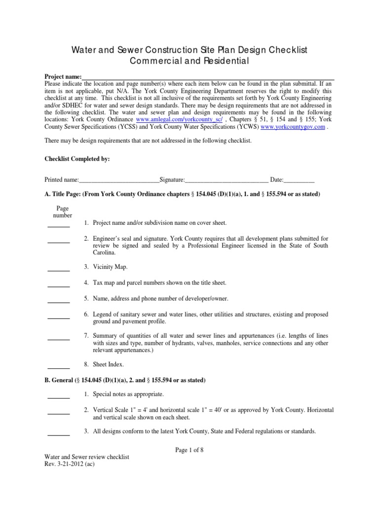 Water and Sewer Construction Site Plan Design Checklist Commercial and